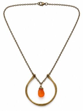 Antique Brass Hoop Necklace with Orange Teardrop Pendant